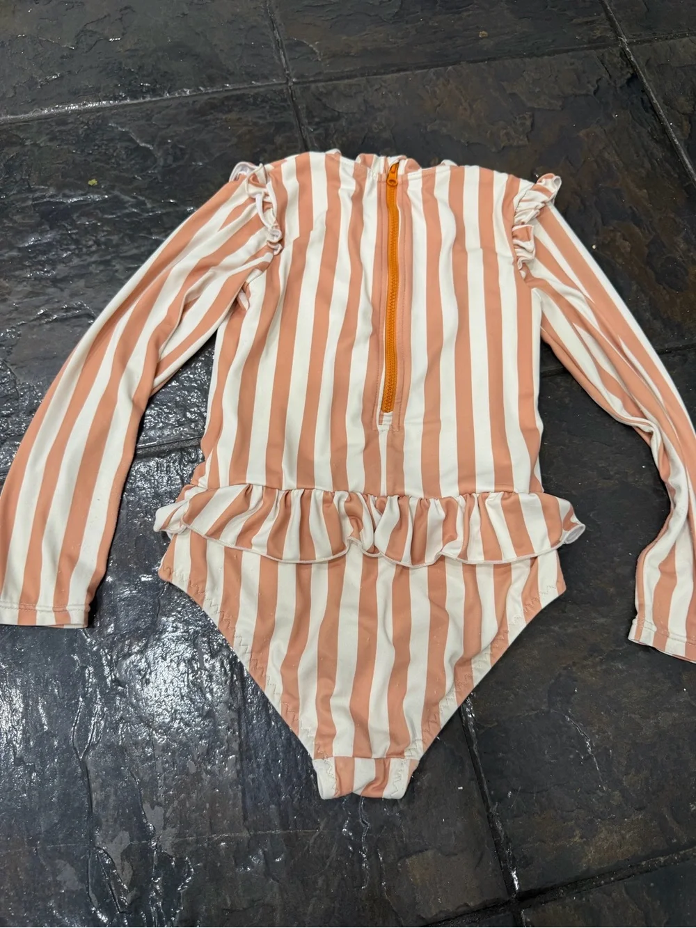 HOMILLE Peach Cream Stripe Ruffle Long Sleeve One Piece Swimsuit